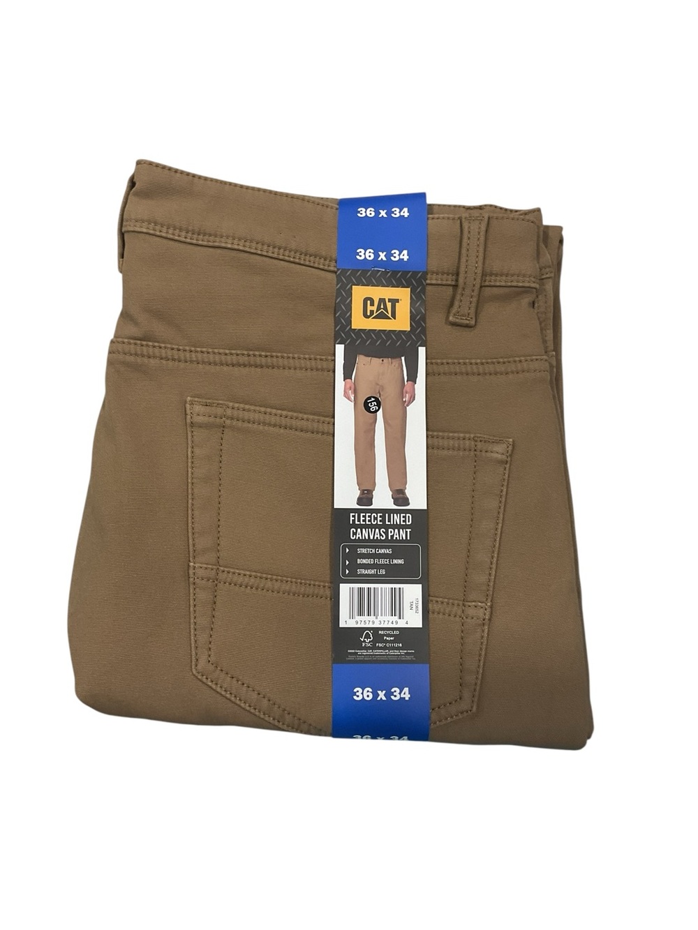 CAT Mens Fleece Lined Canvas Pant Tan Straight Leg Stretch 36x34